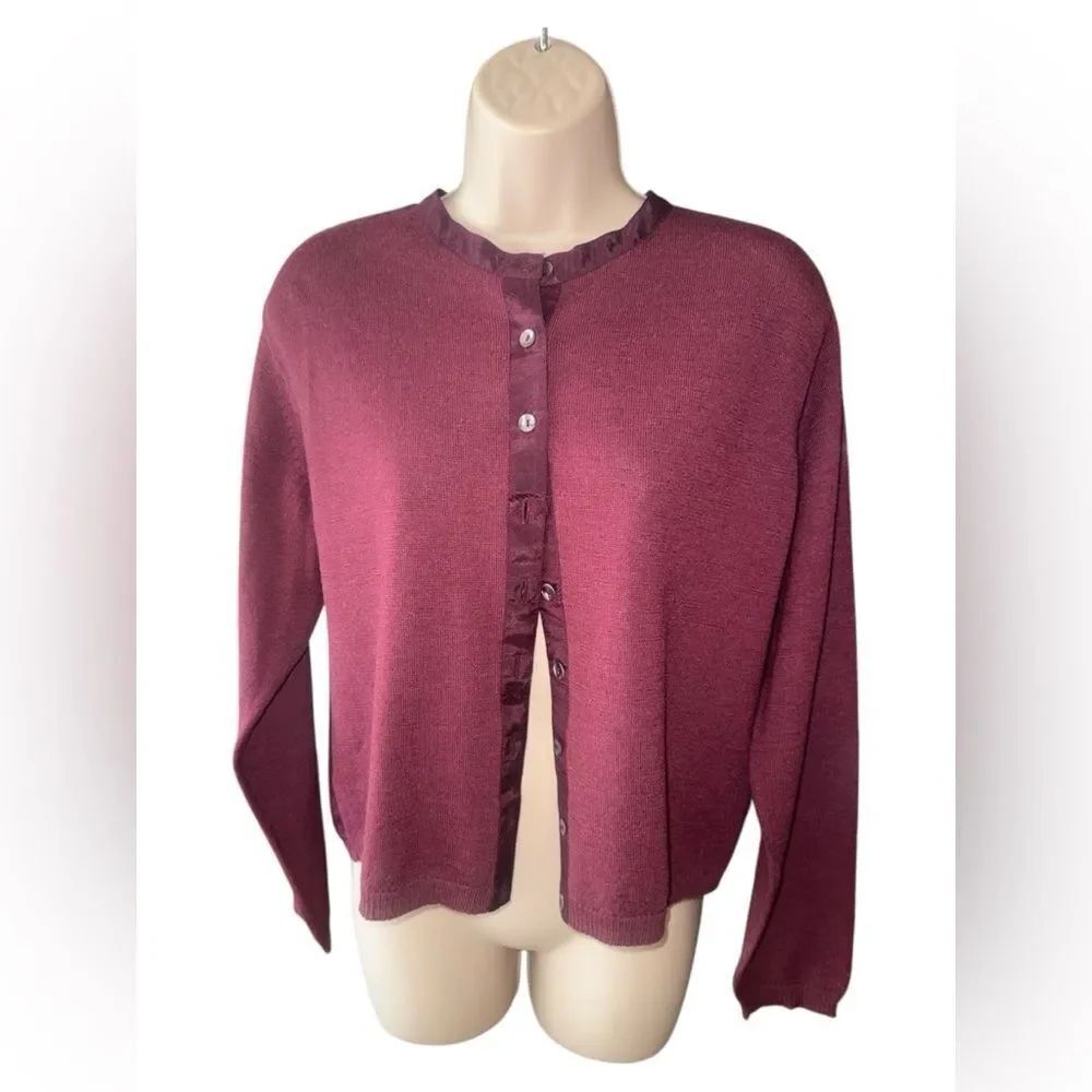 April Cornell Burgundy Button-Up Cardigan Top Knit/Silky fabric